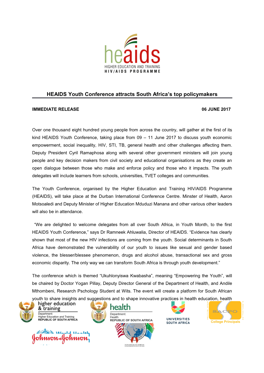 HEAIDS Youth Conference Attracts South Africa S Top Policymakers