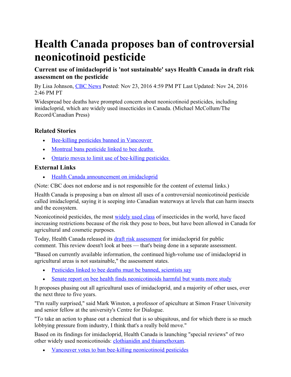 Health Canada Proposes Ban of Controversial Neonicotinoid Pesticide