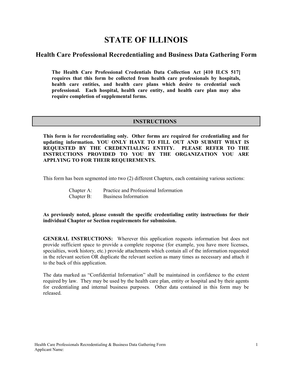 Health Care Professional Recredentialing and Business Data Gathering Form