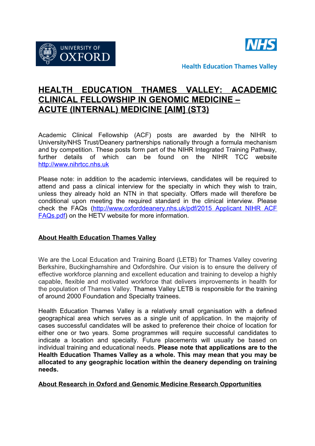 Health Education Thames Valley: Academic Clinical Fellowship in Genomic Medicine