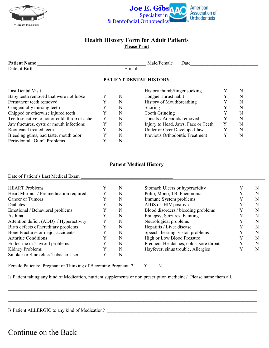 Health History Form for Adult Patients