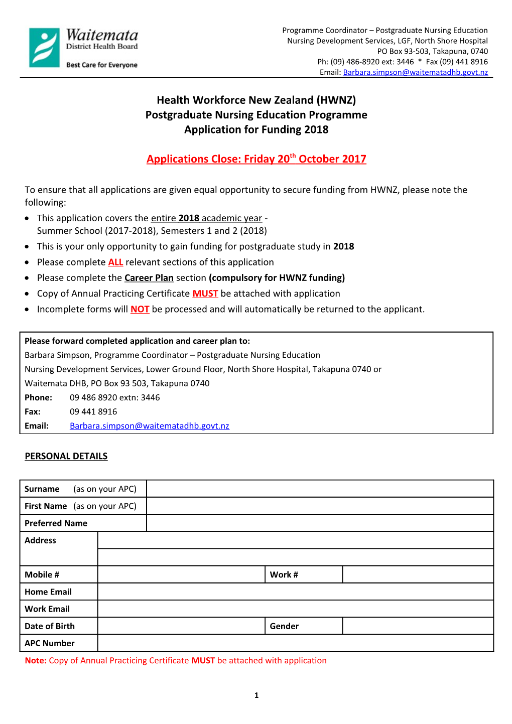 Health Workforce New Zealand (HWNZ) Postgraduate Nursing Education Programme Application