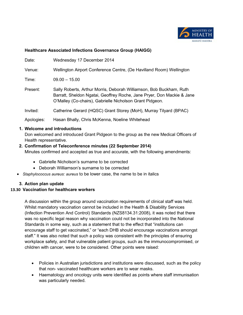 Healthcare Associated Infections Governance Group (HAIGG) Minutes 17 December 2014
