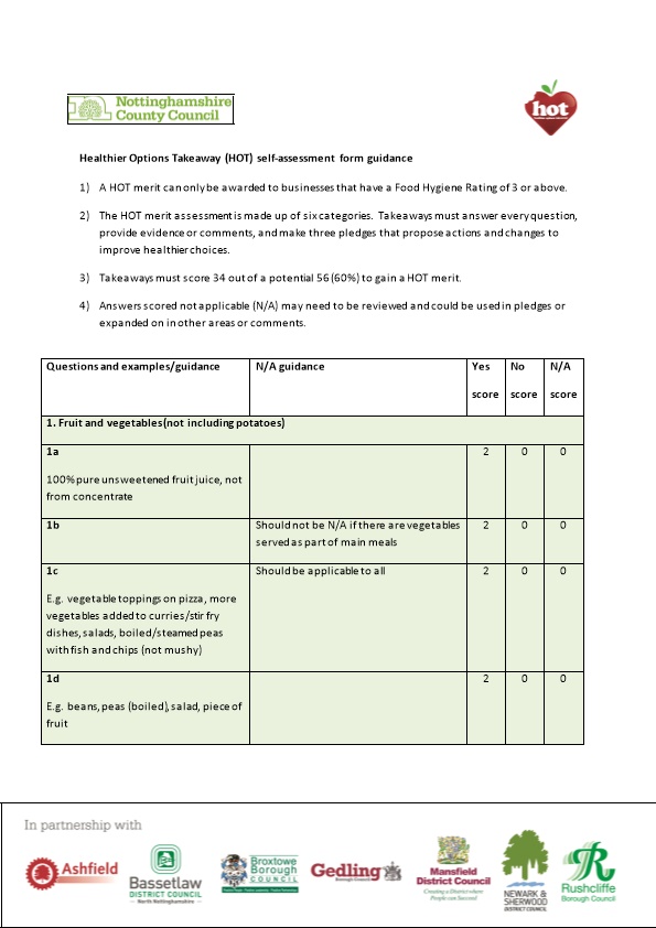 Healthier Options Takeaway (HOT) Self-Assessment Form Guidance