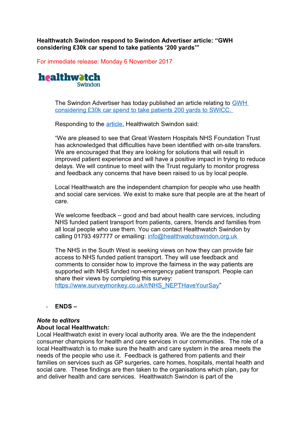 Healthwatch Swindon Respond to Swindon Advertiser Article: GWH Considering 30K Car Spend