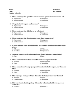 Healthy Lifestyles Semester Exam Study Guide