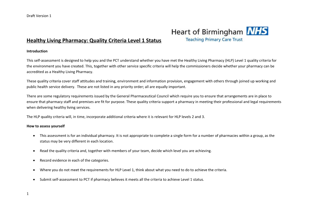 Healthy Living Pharmacy: Quality Criteria