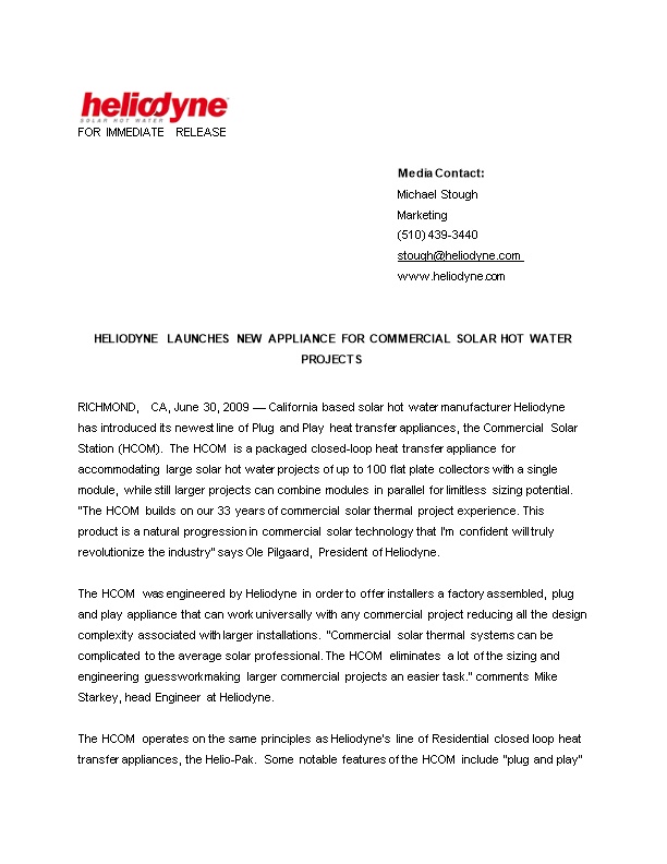 Heliodyne Launches New Appliance for Commercial Solar Hot Water Projects