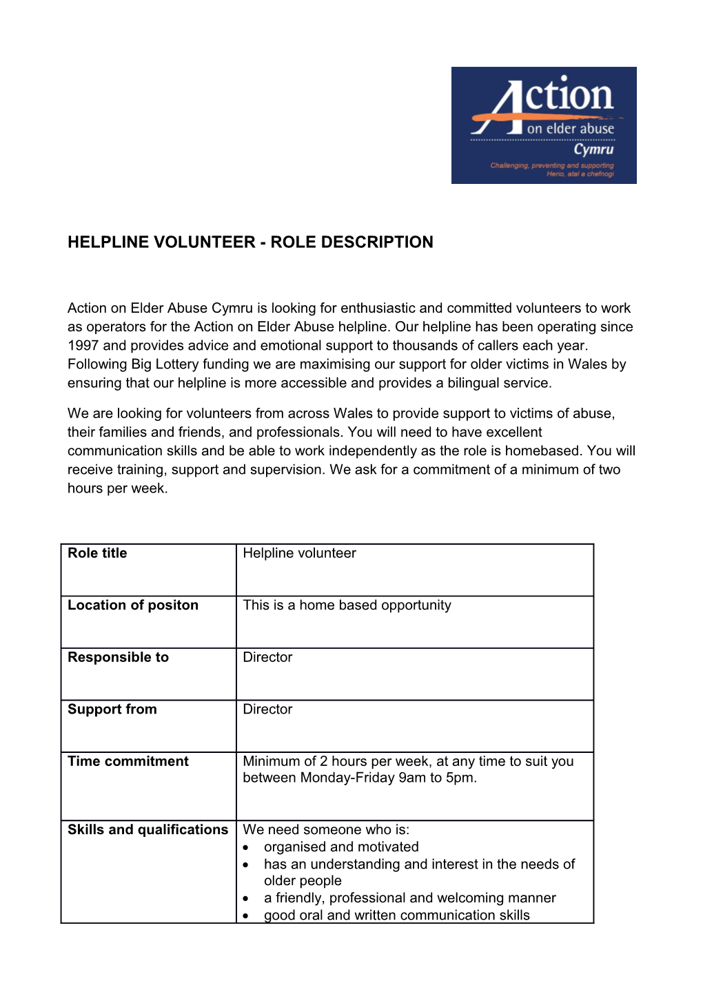 Helpline Volunteer - Role Description