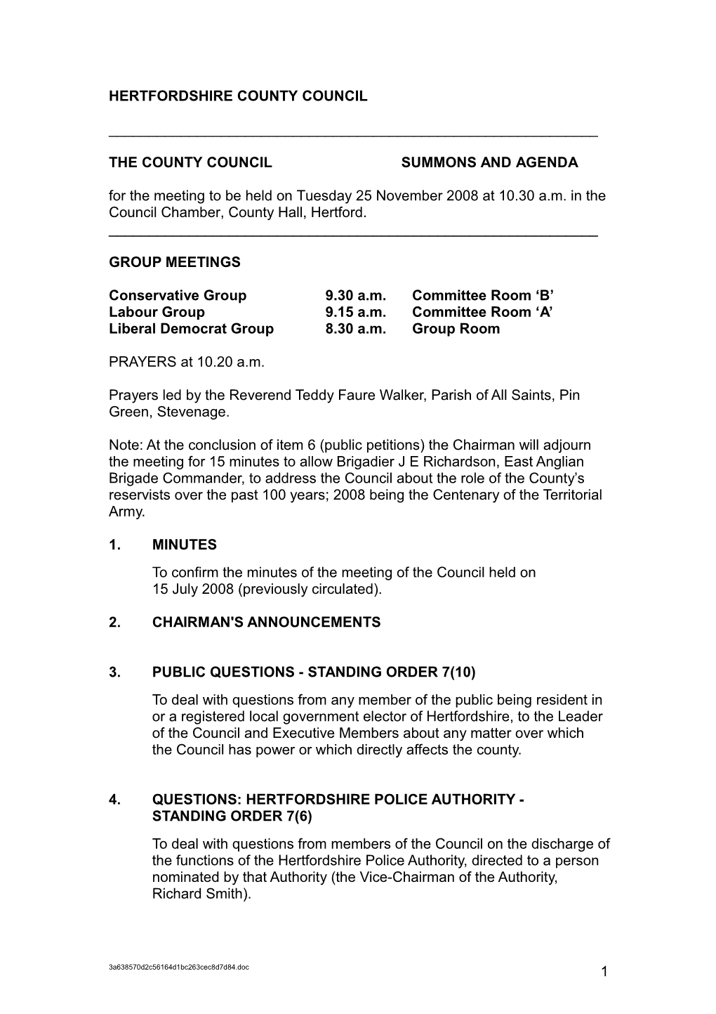Hertfordshire County Council Agenda - 25 November 2008