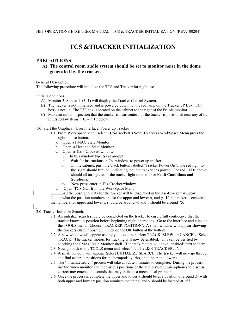 Het Operations Engineer Manual: Tcs & Tracker Initialization
