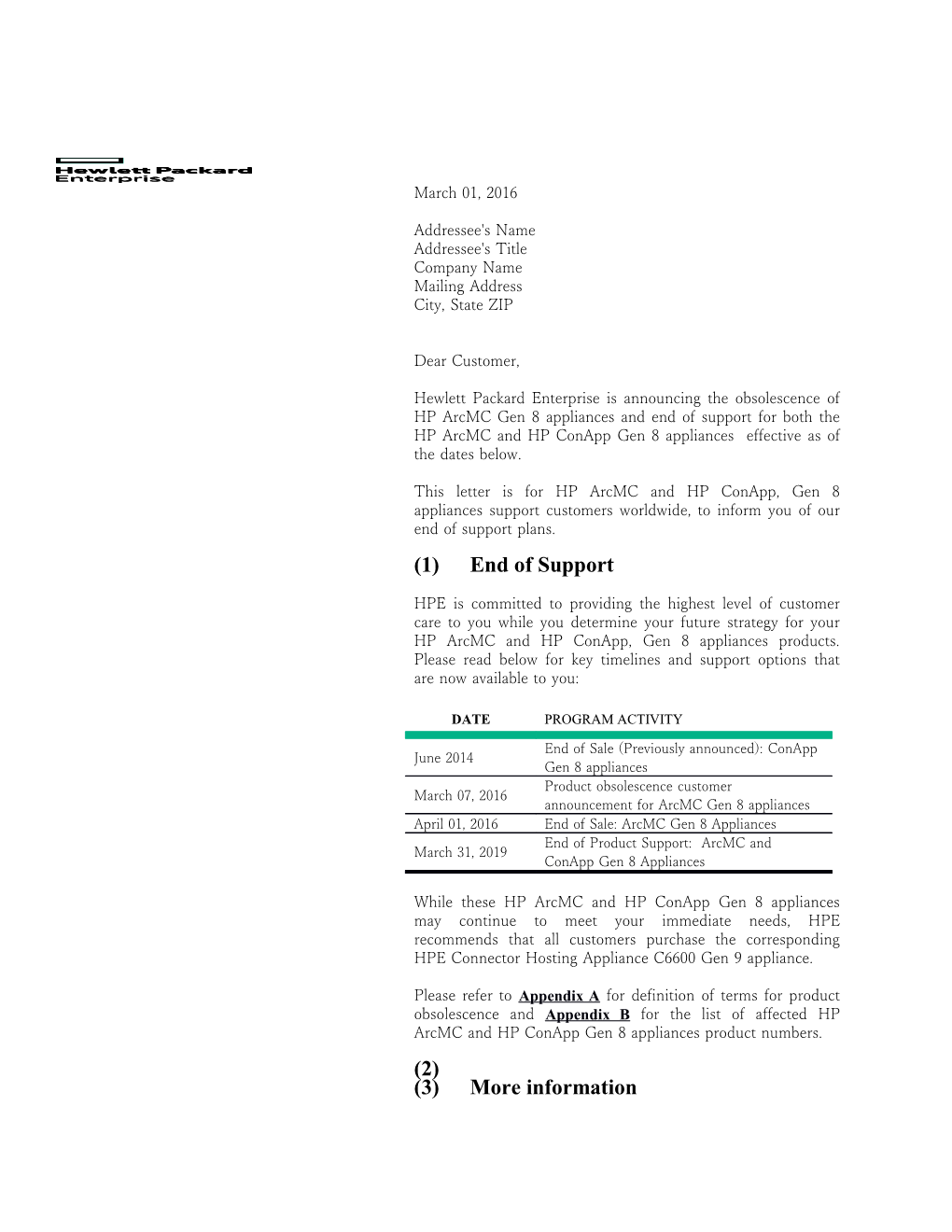 Hewlett Packard Enterprise - Customer Letter