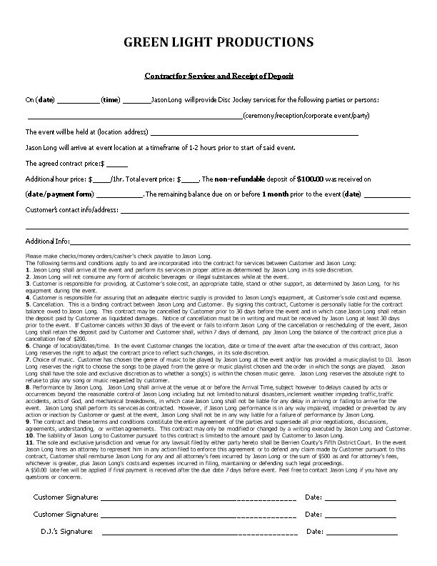 Hey DJ Contract for Services and Receipt of Deposit