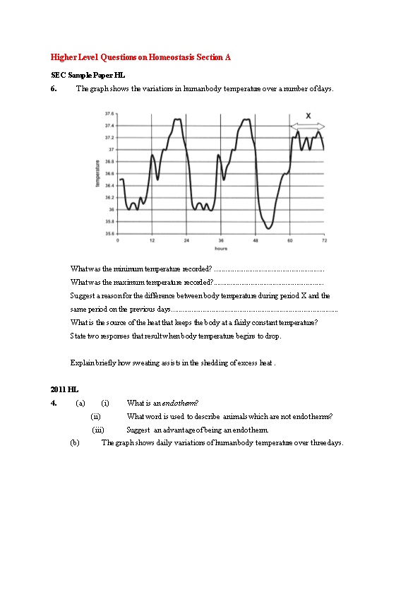 Higher Level Questions on Homeostasis Section A