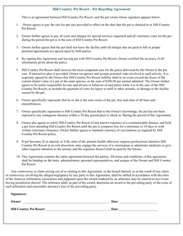 Hill Country Pet Resort - Pet Boarding Agreement