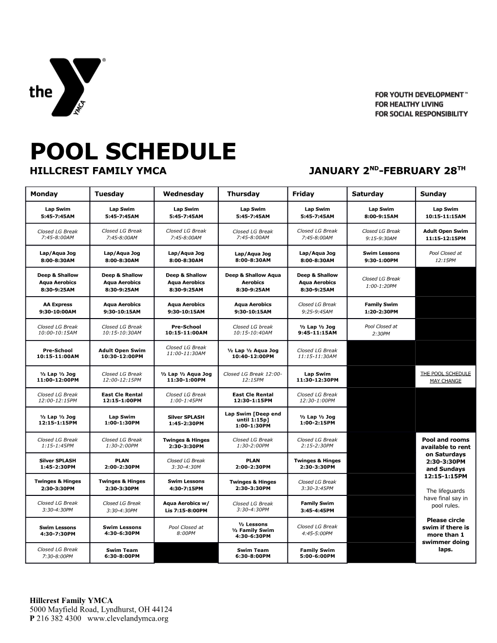 Hillcrest Family Ymca JANUARY 2Nd-FEBRUARY 28Th