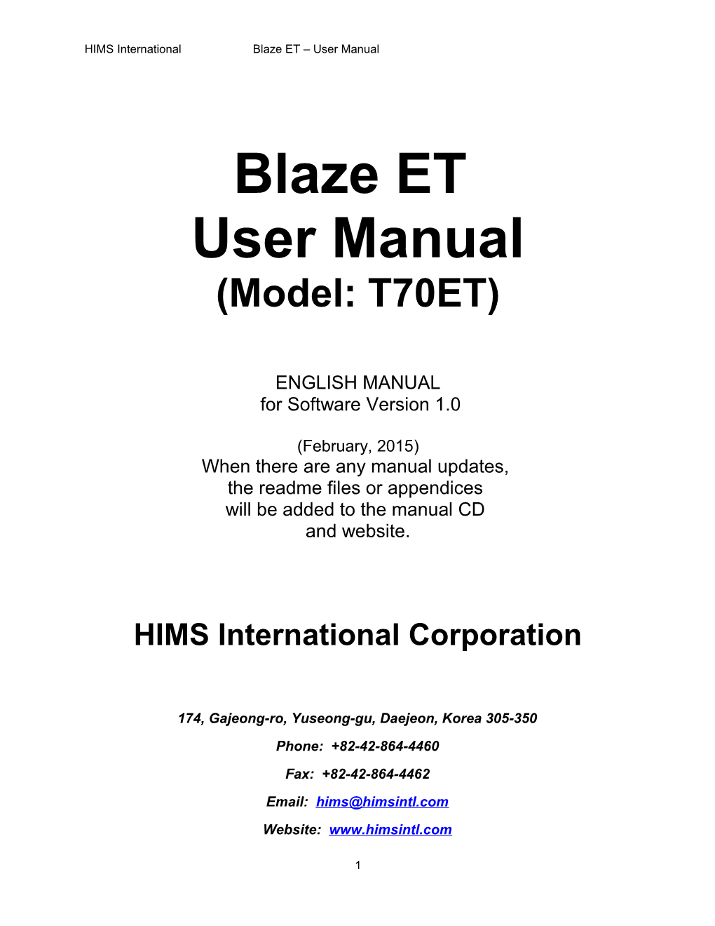 HIMS Internationalblaze ET User Manual