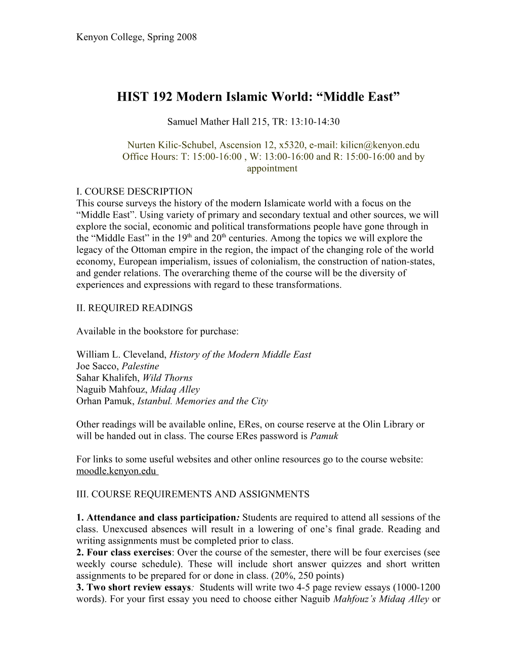 HIST 192 Modern Islamic World: Middle East