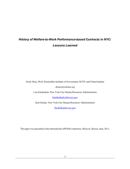 History of Welfare-To-Work Performance-Based Contracts in NYC