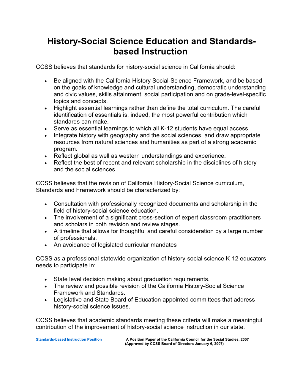 History-Social Science Education and Standards-Based Instruction
