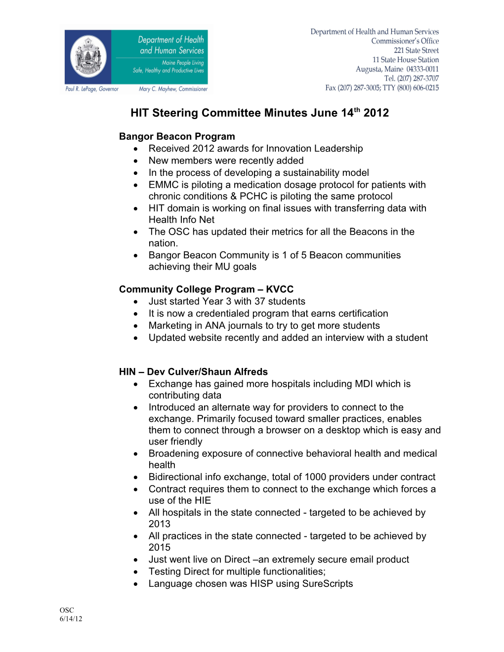 Hitsteering Committee Minutes June 14Th 2012