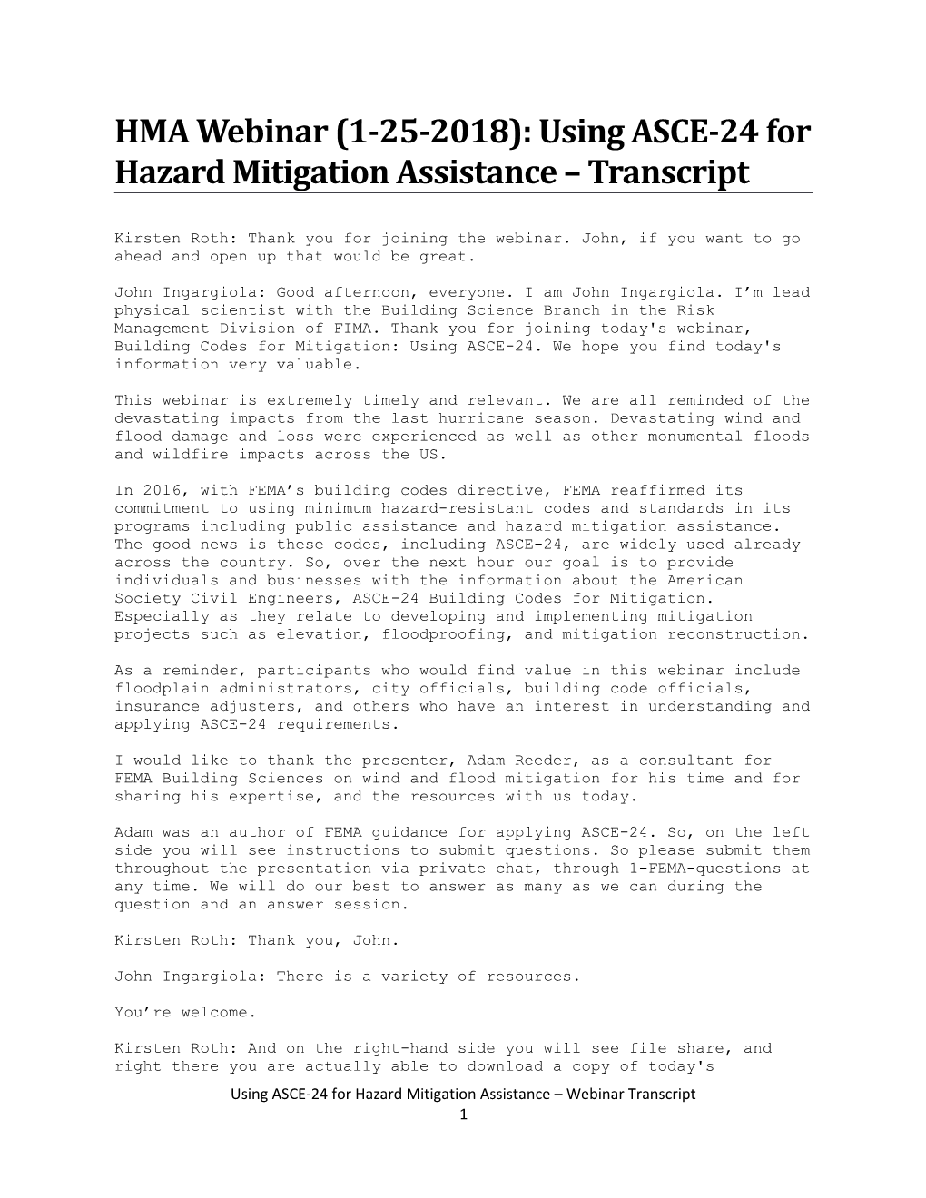 HMA Webinar (1-25-2018): Using ASCE 24 for Hazard Mitigation Assistance - Transcript