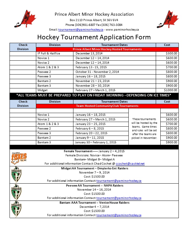 Hockey Tournament Application Form