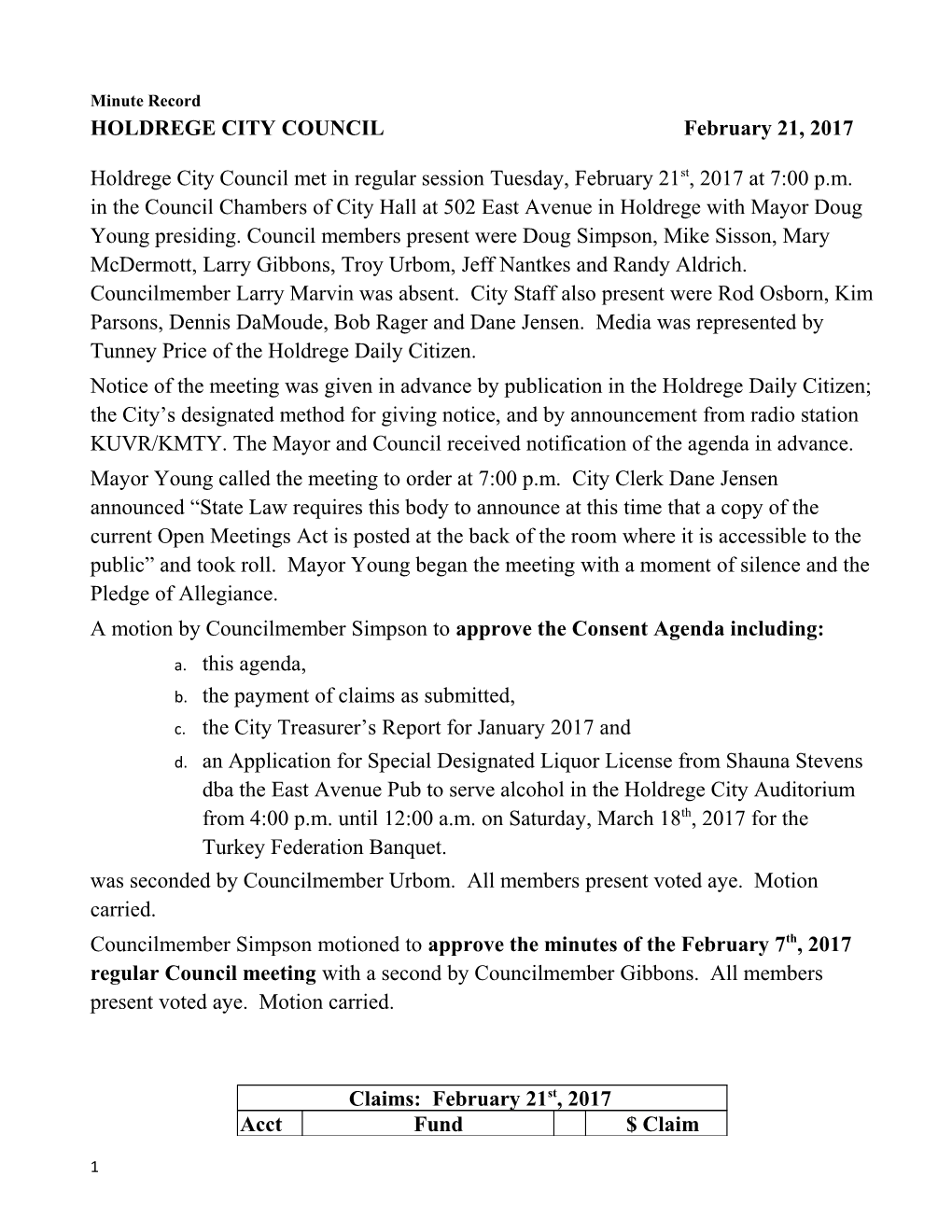 HOLDREGE CITY COUNCIL February 21, 2017