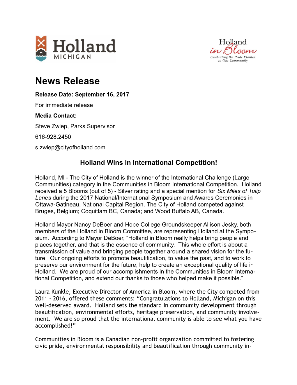 Holland Wins in International Competition!