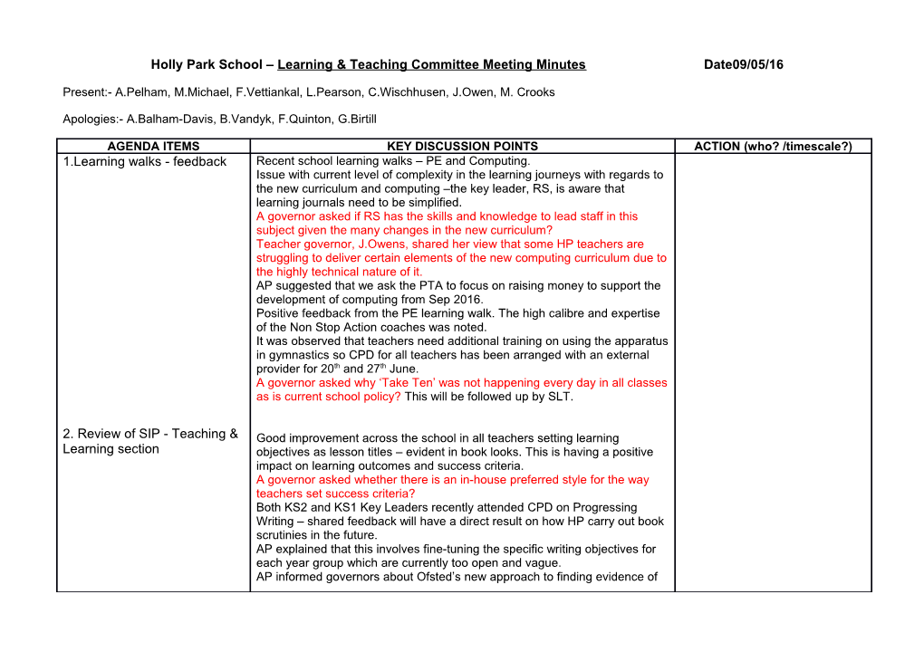 Holly Park School Learning & Teaching Committee Meeting Minutes