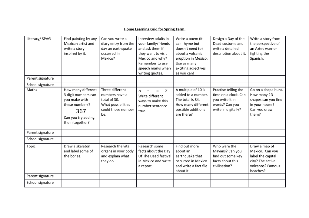 Home Learning Grid for Spring Term