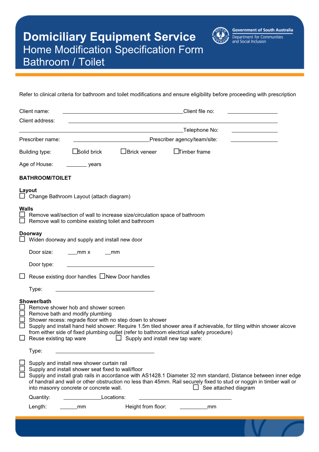 Home Modification Specification Form - Bathroom Toilet