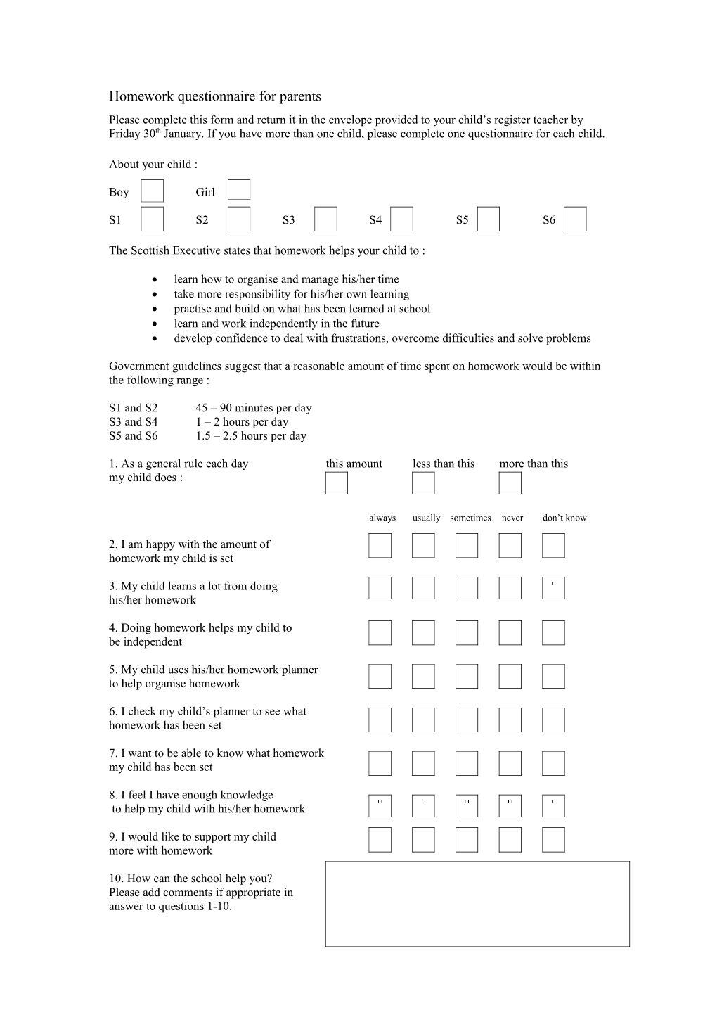 Homework Questionnaire for Parents
