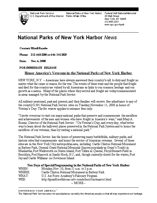 Honor America S Veterans in the National Parks of New York Harbor