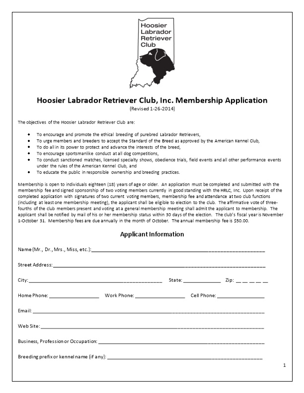 Hoosier Labrador Retriever Club, Inc. Membership Application