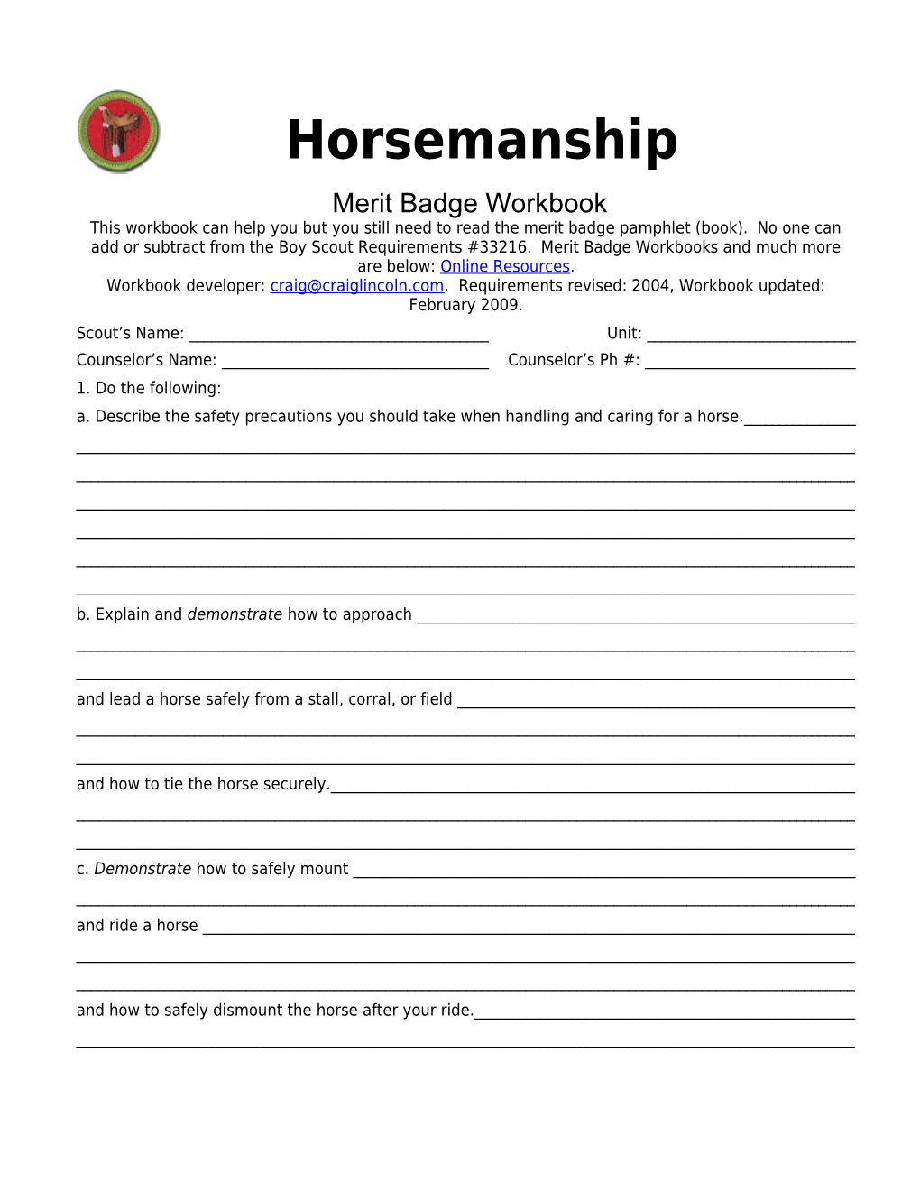 Horsemanship P. 1 Merit Badge Workbookscout's Name: ______