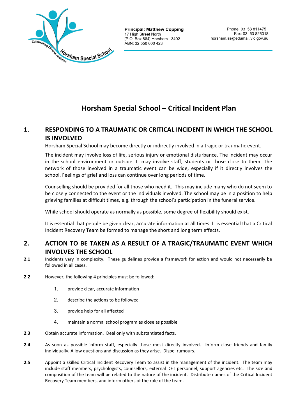 Horsham Special School Critical Incident Plan