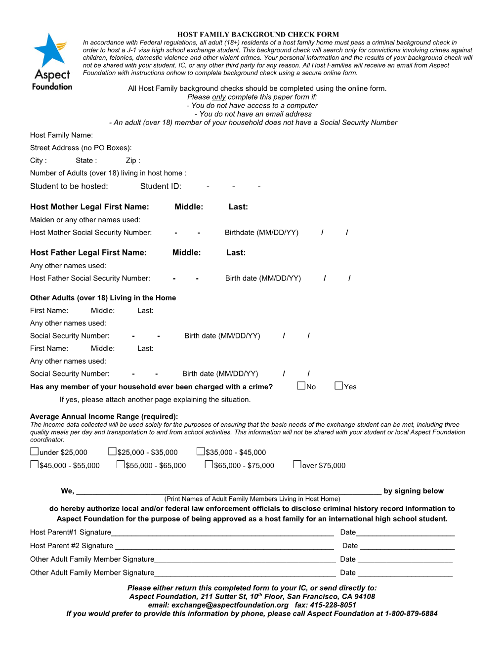 Host Family Background Check Form