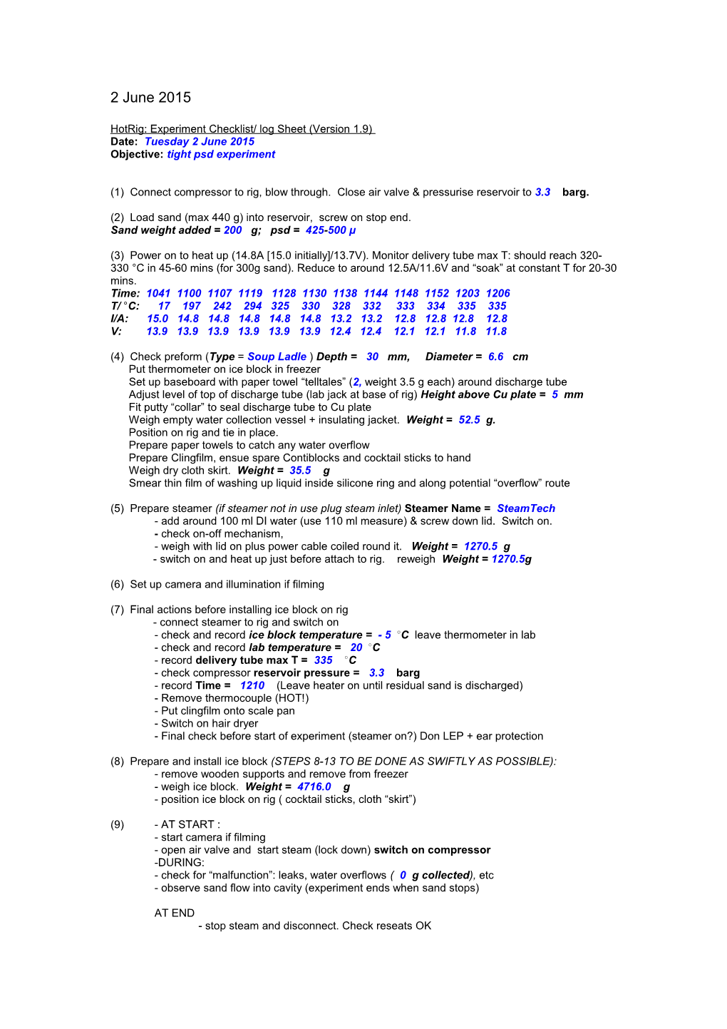 Hotrig: Experiment Checklist/ Log Sheet (Version 1.9)
