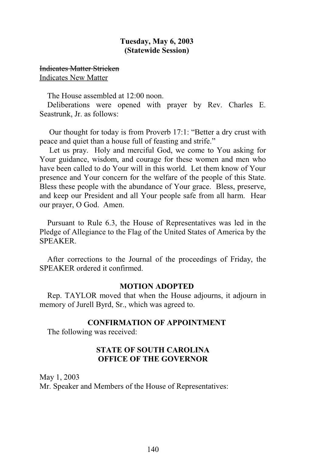 House Journal for May 6, 2003 - South Carolina Legislature Online