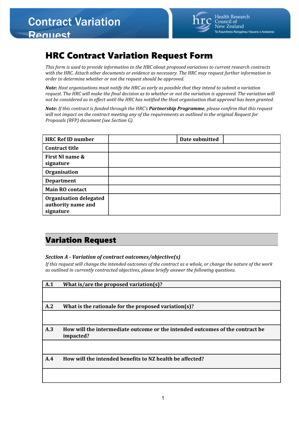 HRC Contract Variation Request Form
