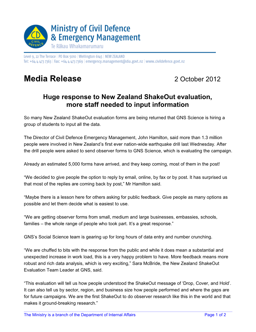 Huge Response to New Zealand Shakeout Evaluation,More Staff Needed to Input Information