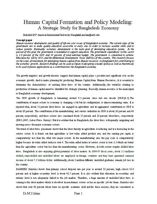 Human Capital Formationand Policy Modeling: a Strategic Study for Bangladesh Economy
