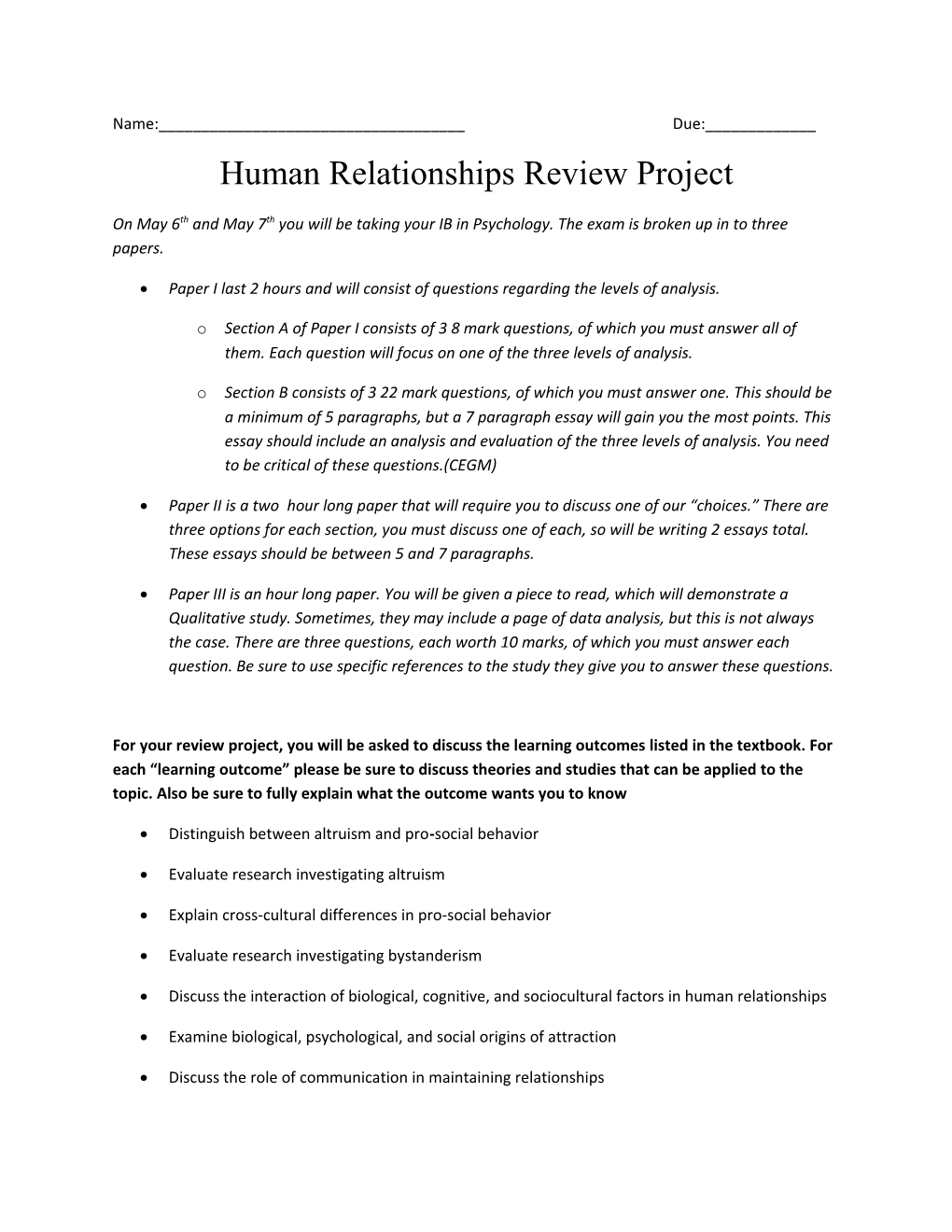 Human Relationships Review Project