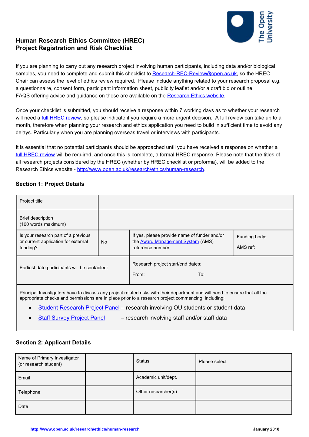 Human Research Ethics Committee Project Registration and Risk Checklist