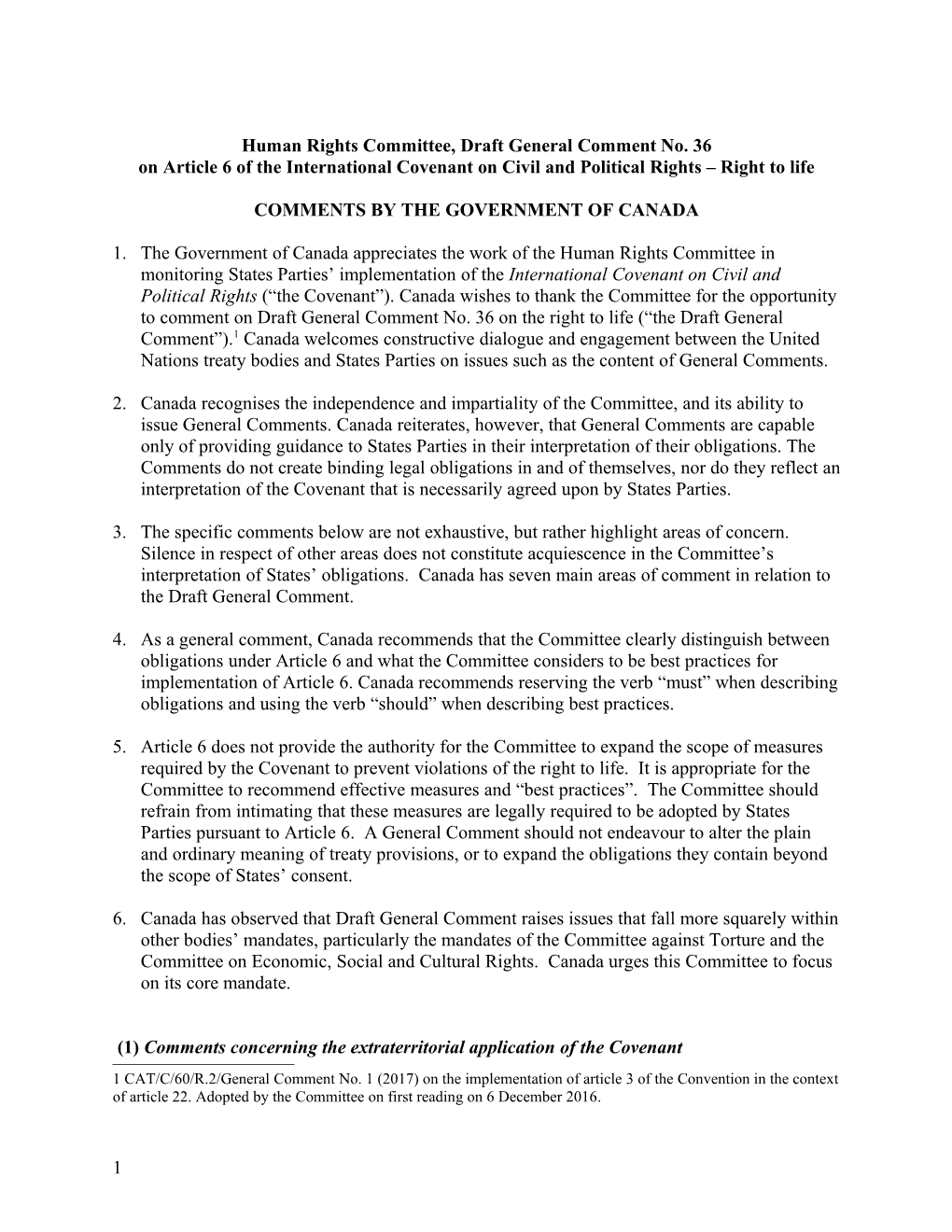Human Rights Committee, Draft General Comment No. 36