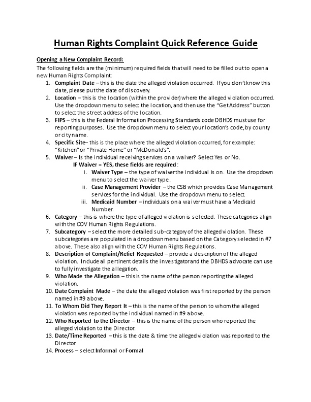 Human Rights Complaint Quick Reference Guide