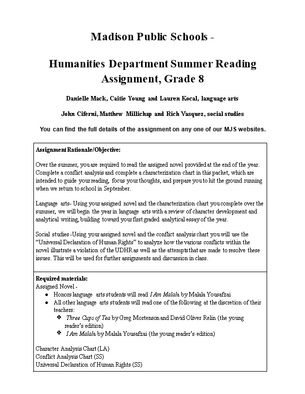 Humanities Department Summer Reading Assignment, Grade 8