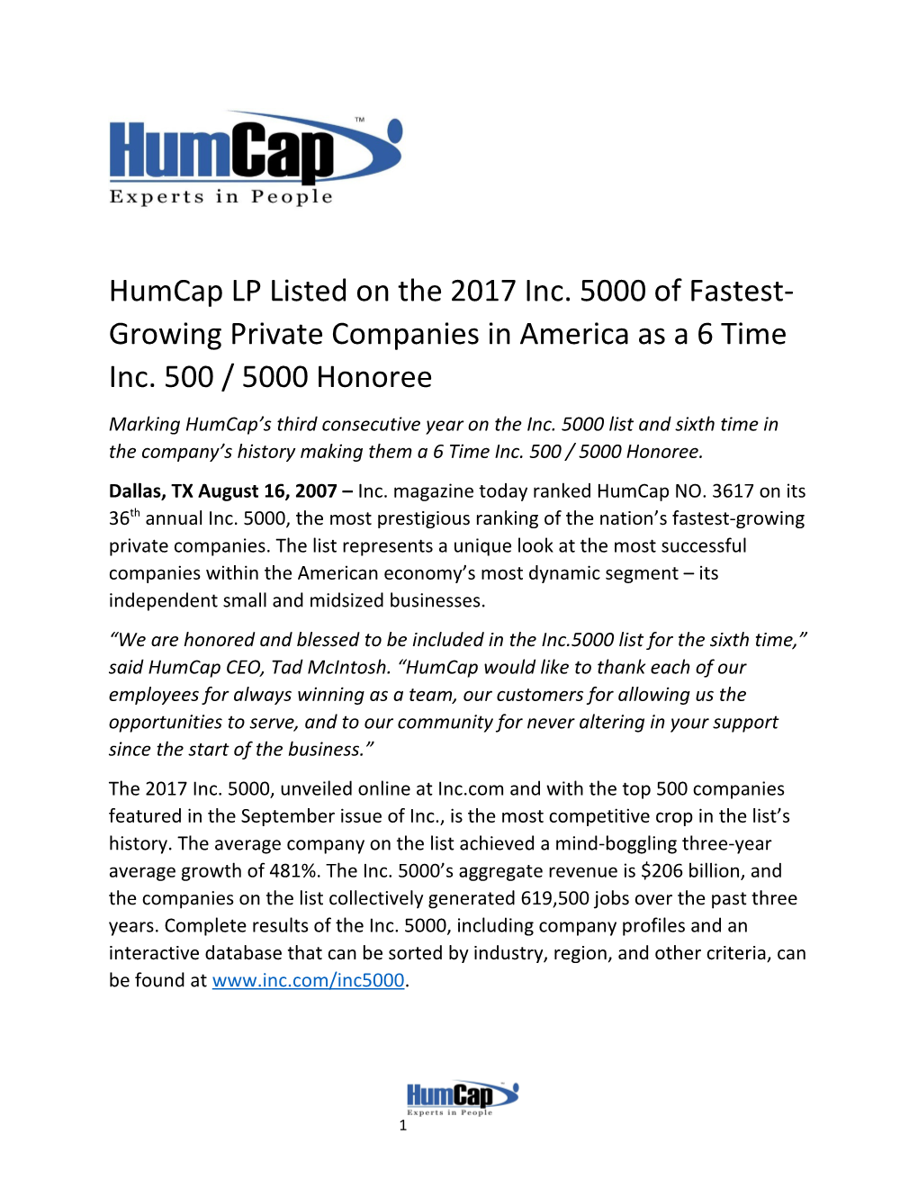 Humcap LP Listed on the 2017 Inc. 5000 of Fastest-Growing Private Companies in America