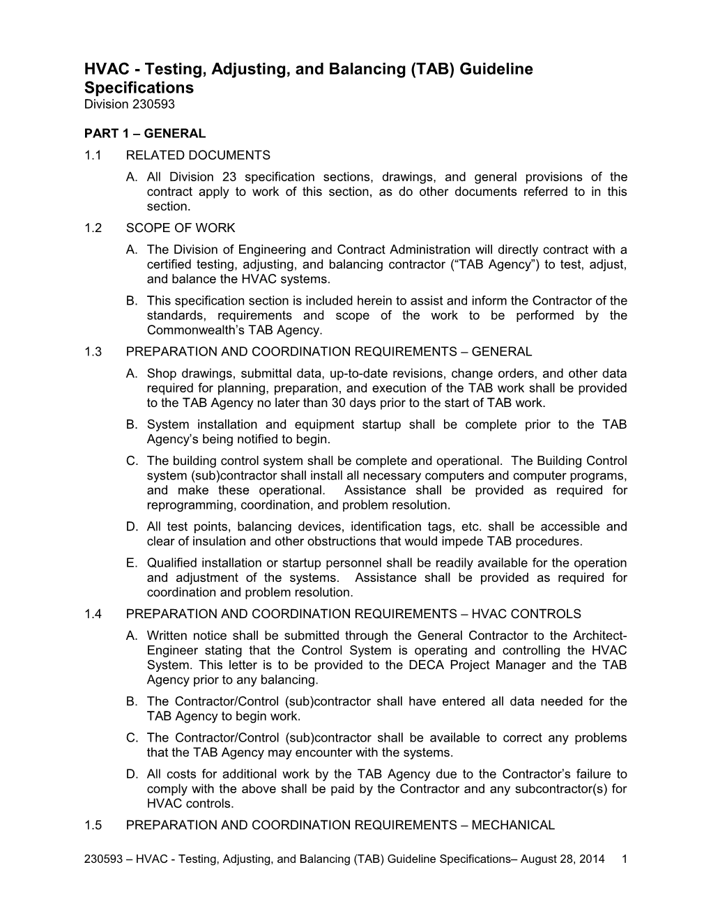 HVAC Testing, Adjusting, and Balancing (TAB) Guideline Specifications